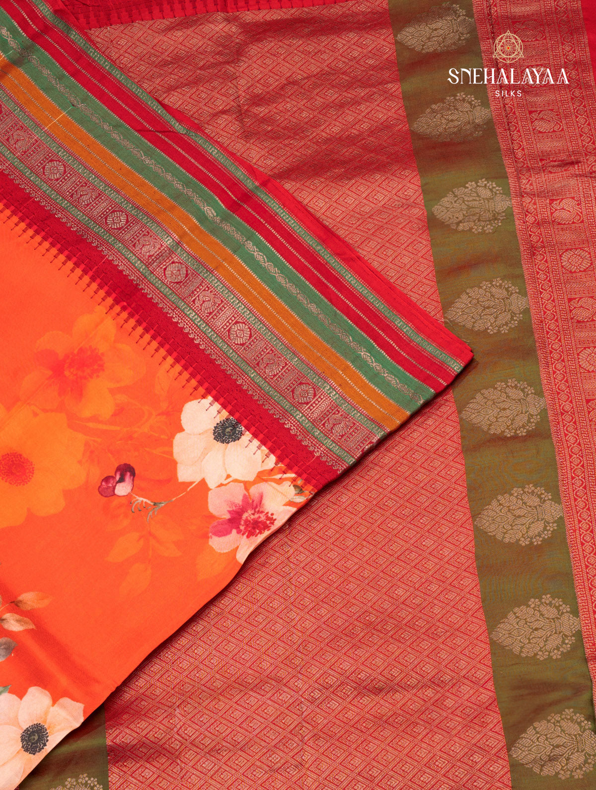 Orange Printed Kanjivaram Silk Saree