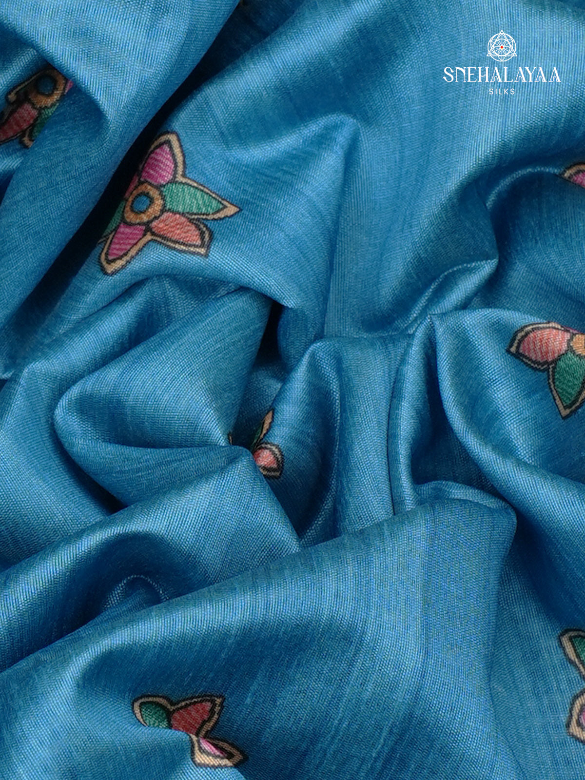 Turquoise Blue Madhubani Printed Saree