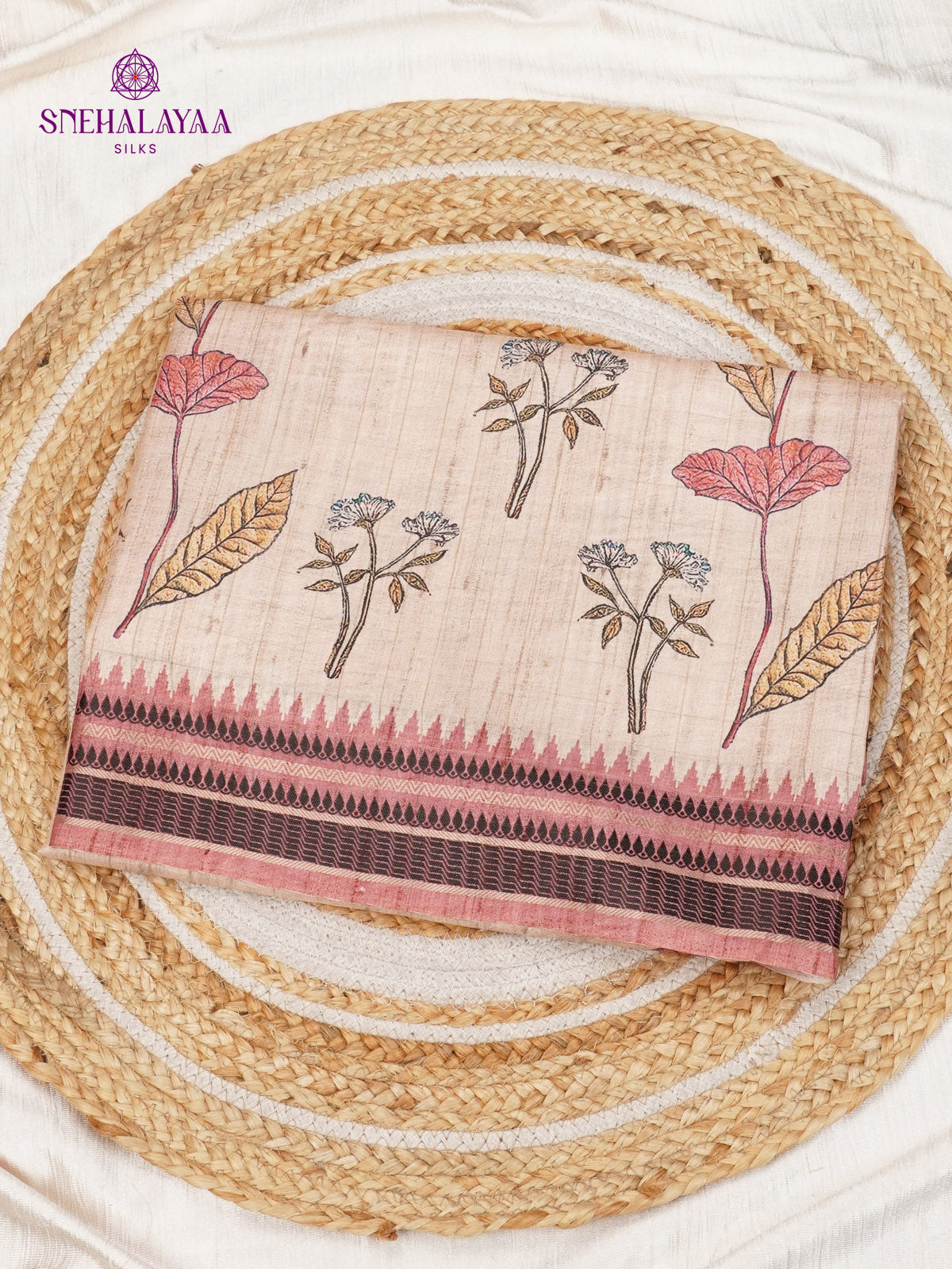 Beige With Maroon Border Floral Printed Tussar Saree