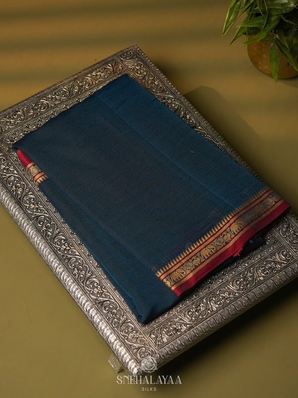 Navy Blue Narayanpet Cotton Saree without Blouse