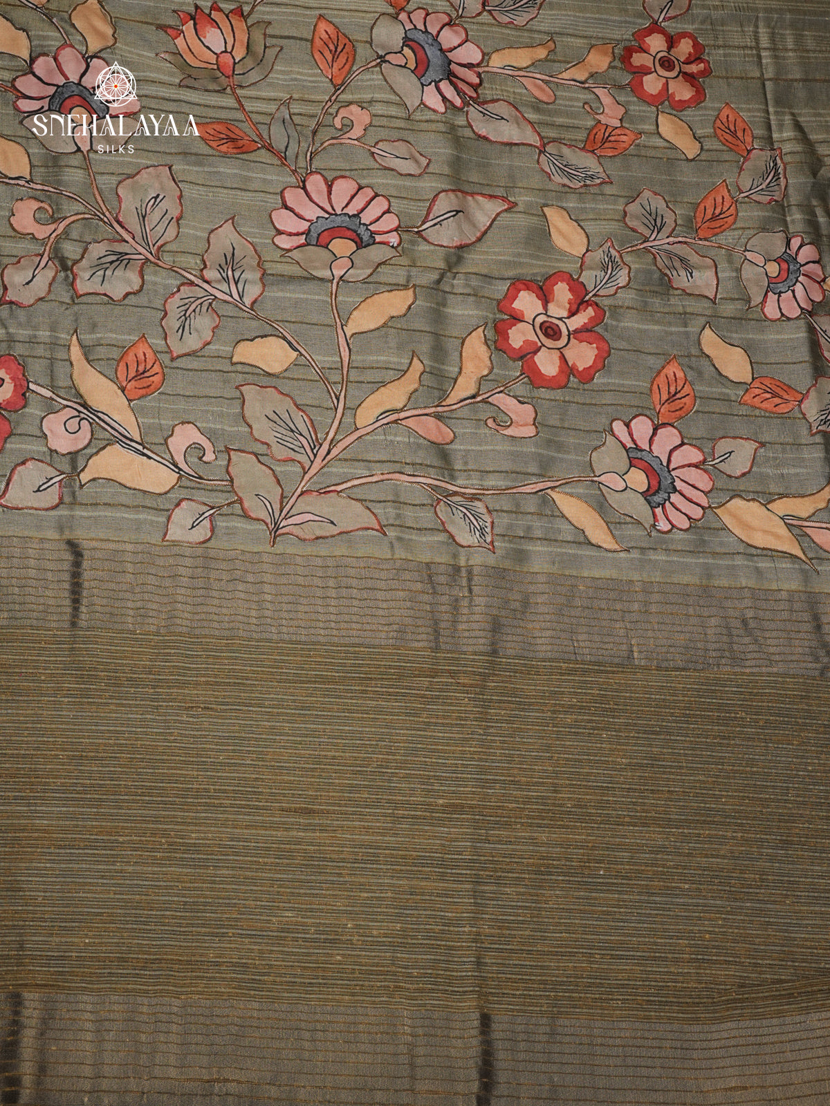 Olive Green Tussar Embroidery Saree