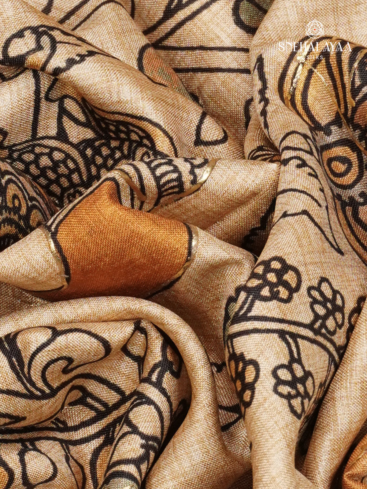 Beige With Pastel Orange Border Floral Printed Tussar Saree