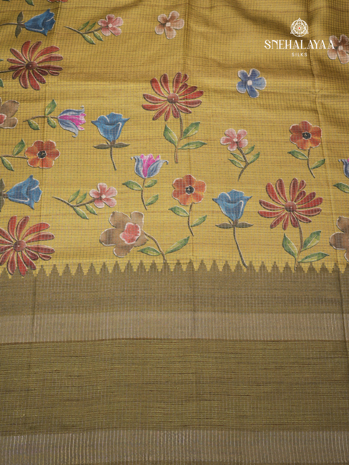 Mustard Yellow Floral Printed Tussar Saree