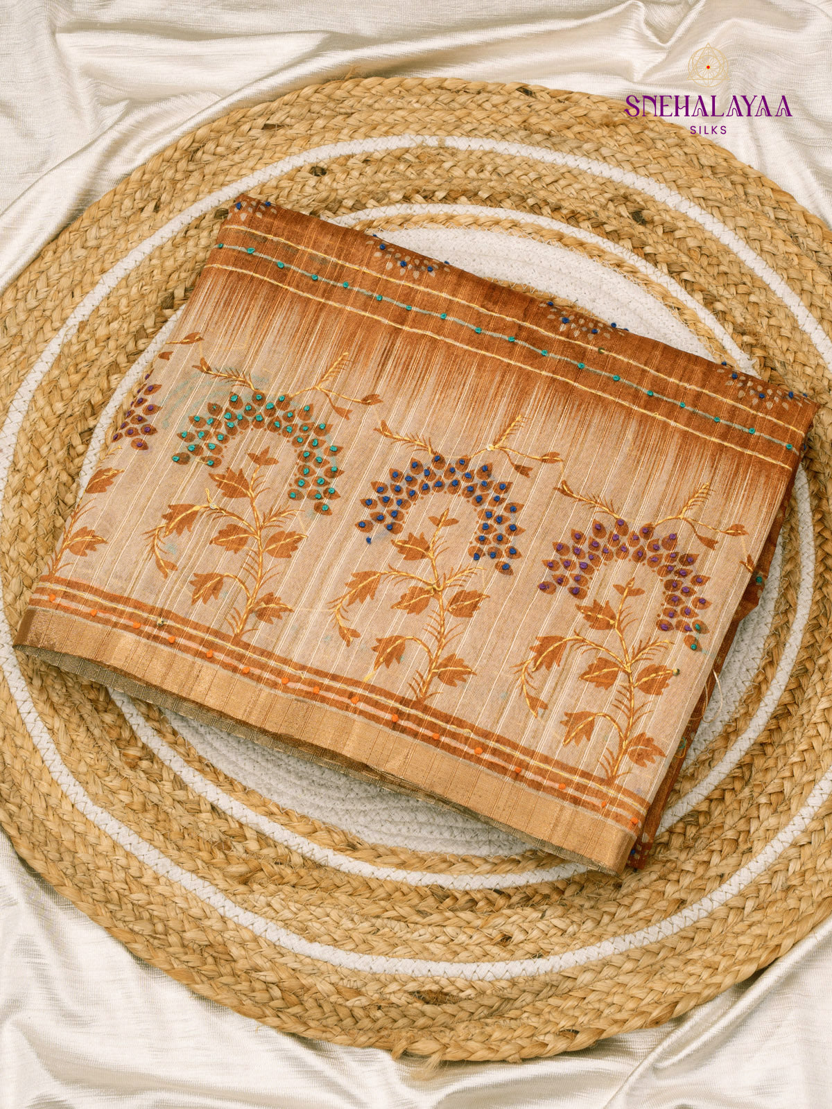 Orange Linen Embroidery Saree