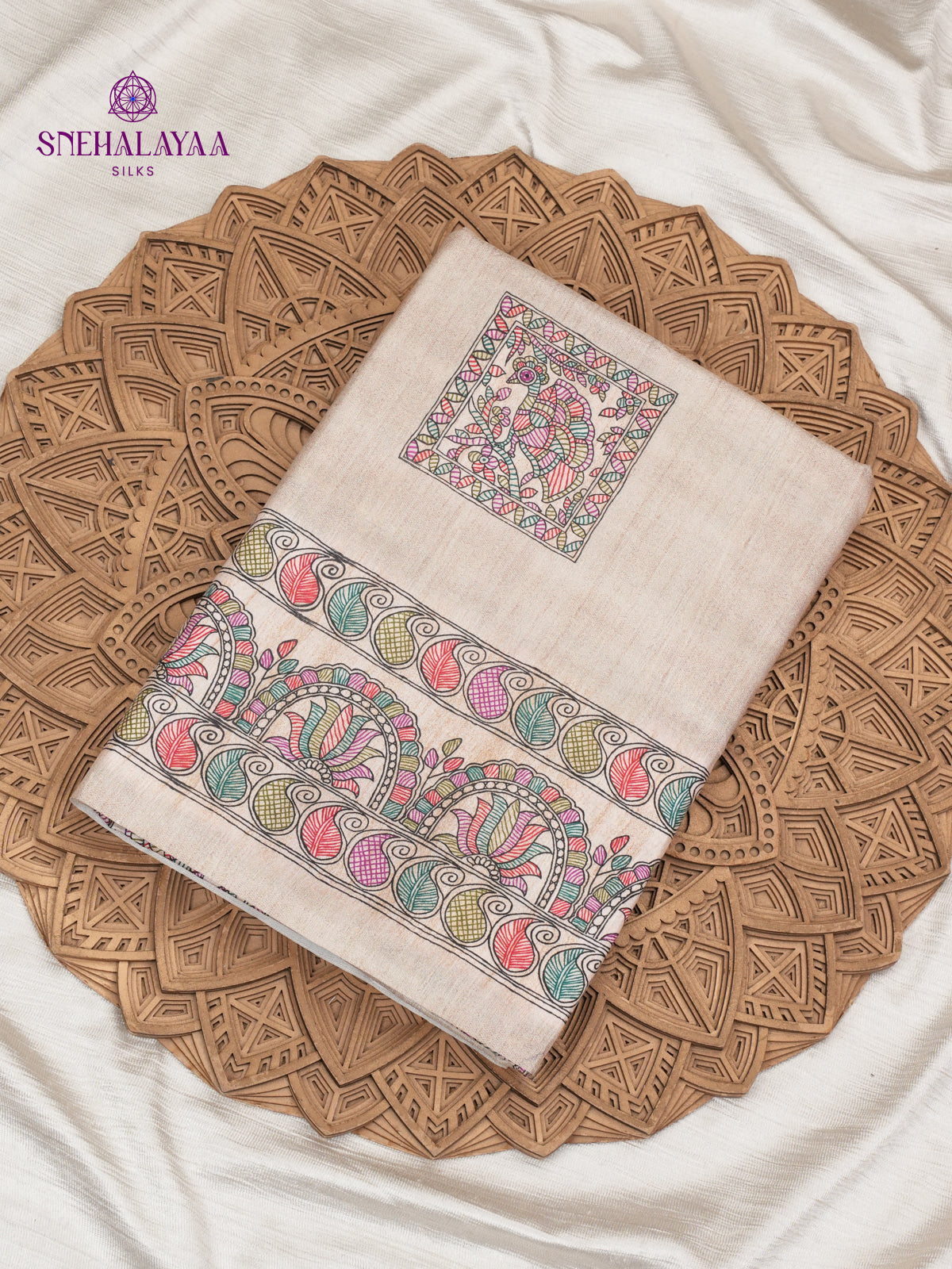 Cream Madhubani Printed Saree