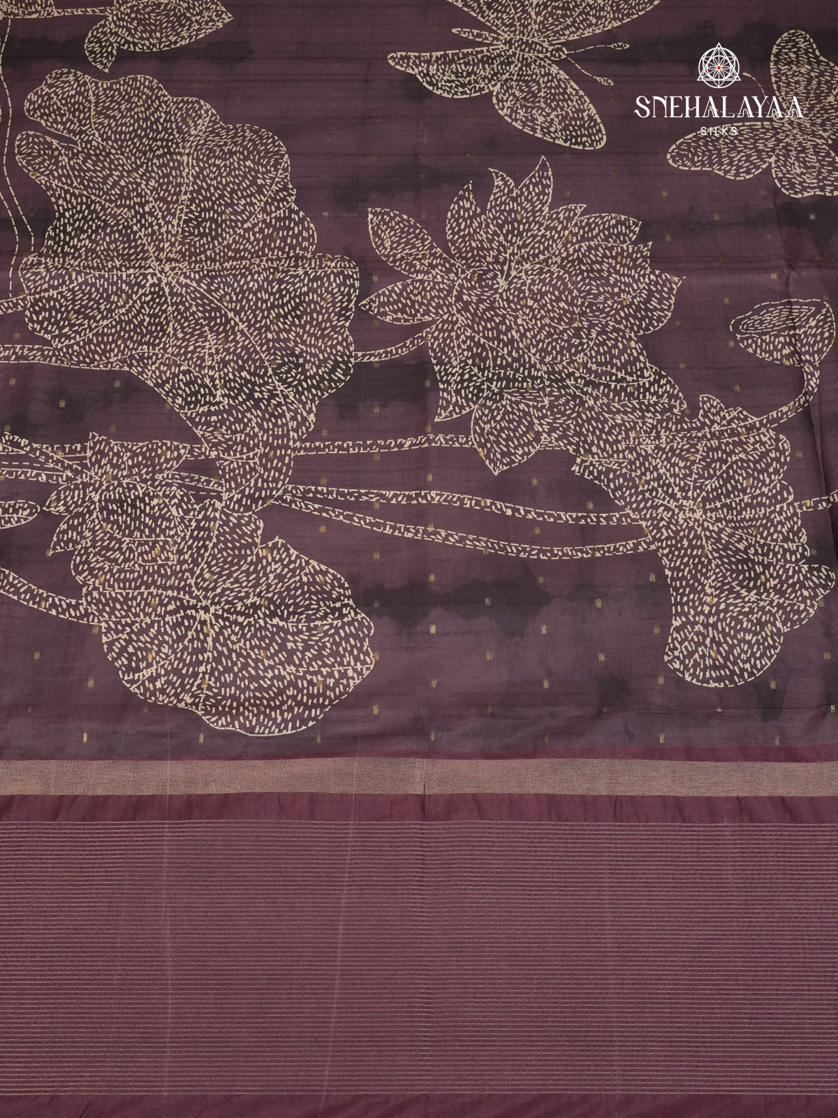 Aubergine Floral Printed Tussar Saree