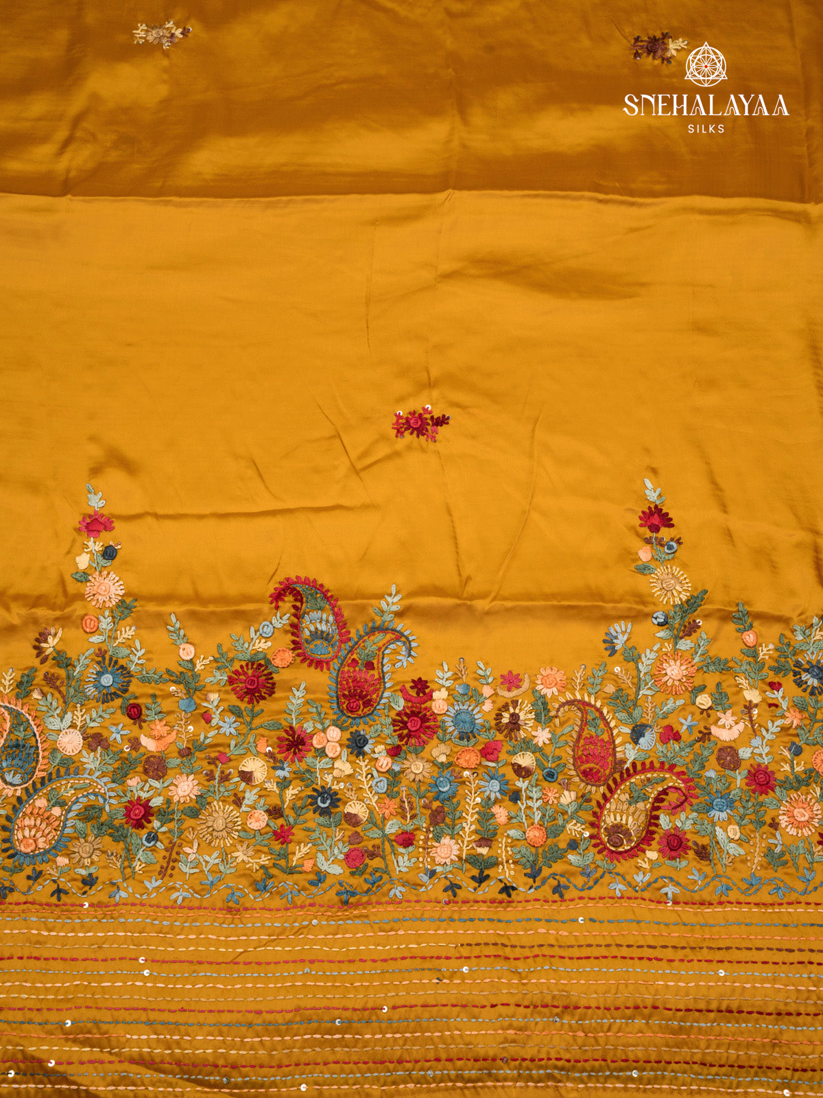 Mustard Yellow Satin Embroidery Saree