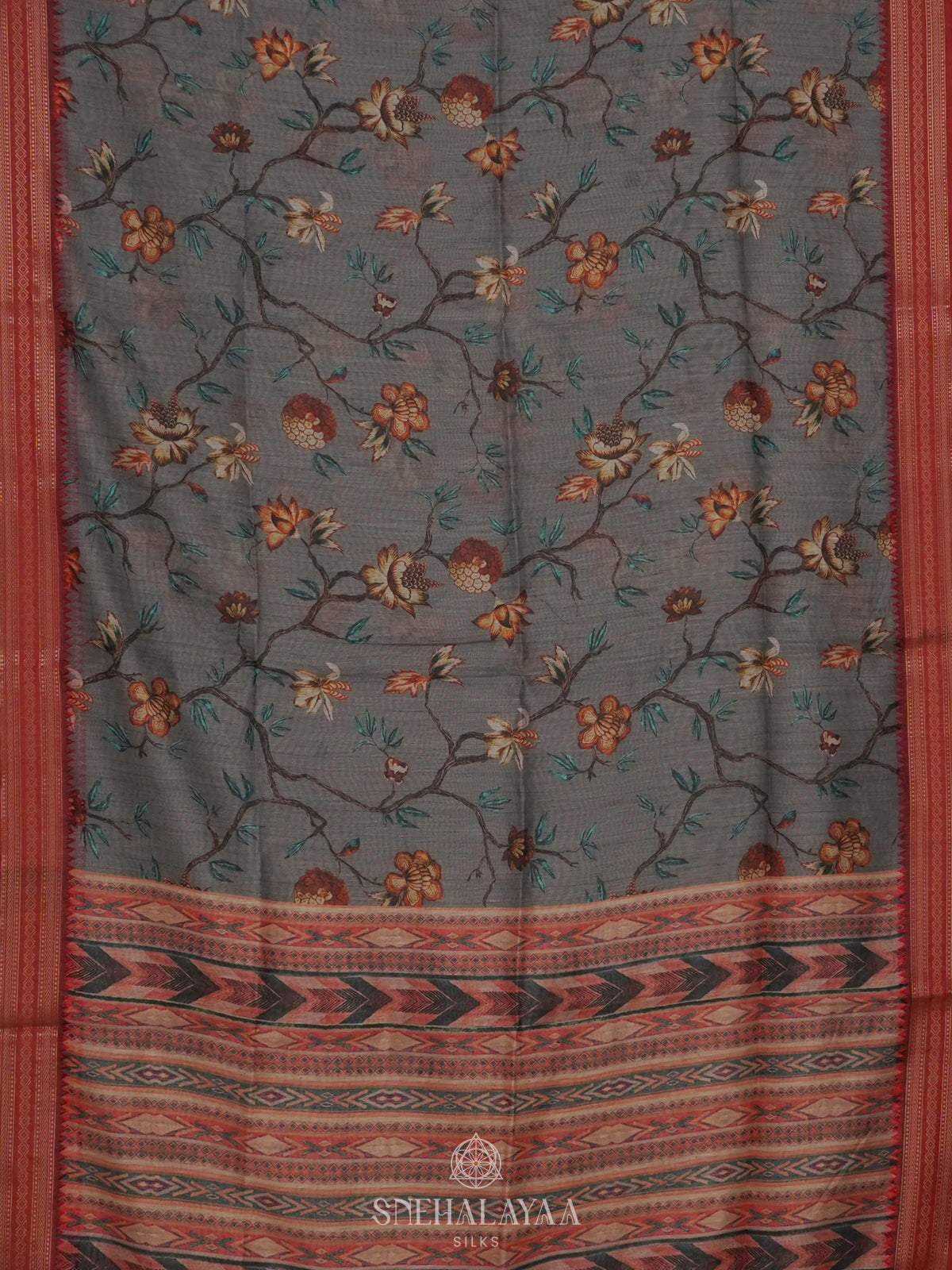Grey Printed Linen Saree