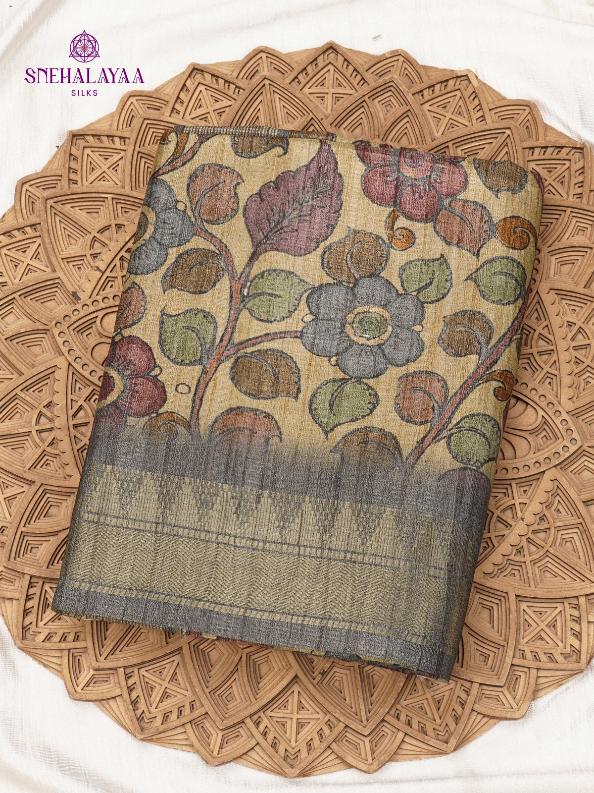 Beige Floral Printed Tussar Saree