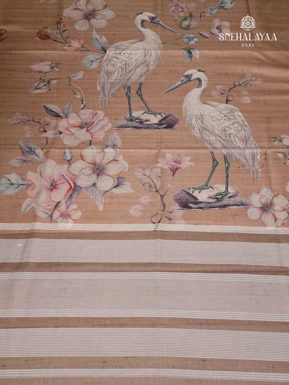 Brown Floral Printed Tussar Saree