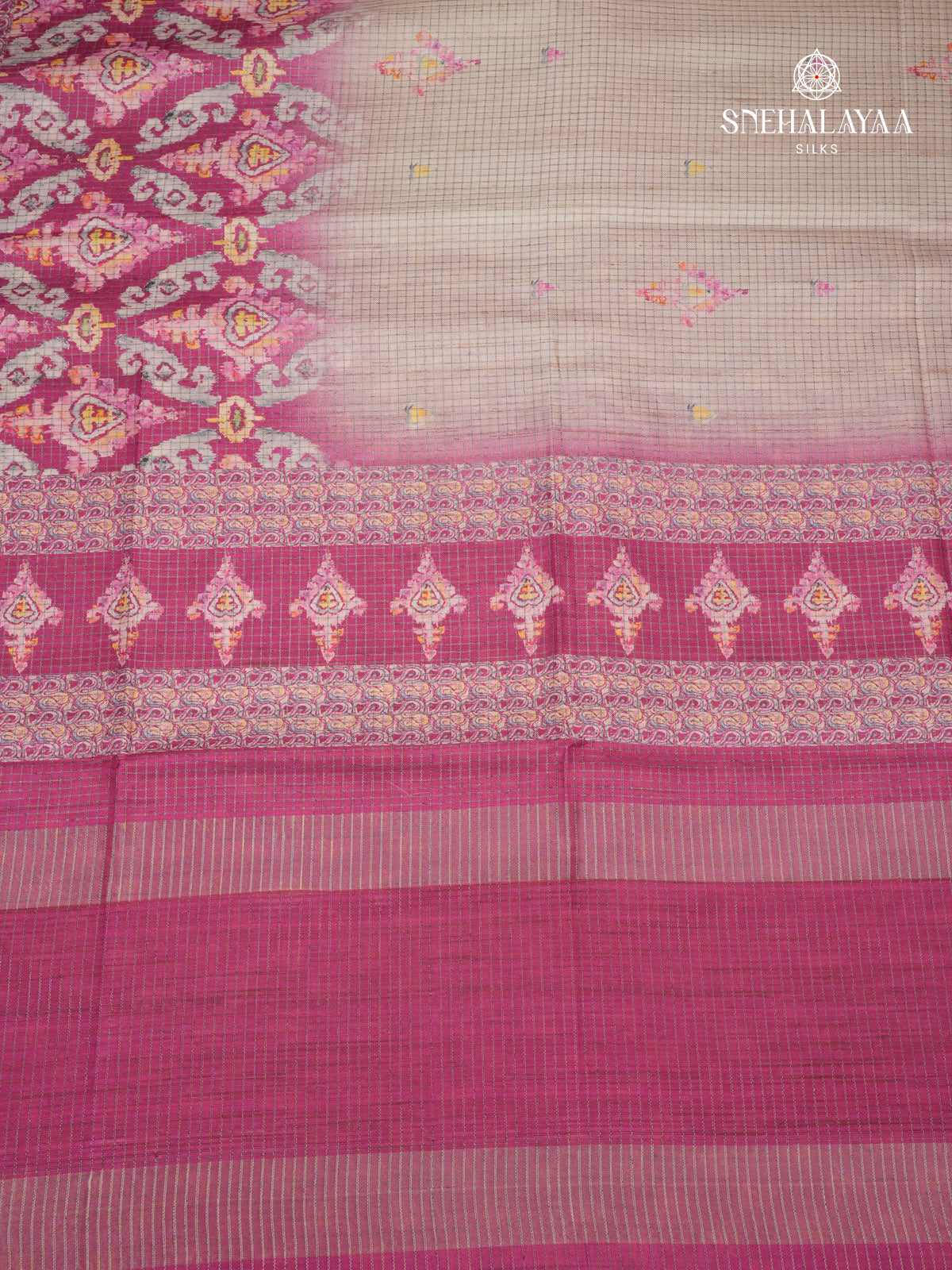 Magenta Floral Printed Tussar Saree