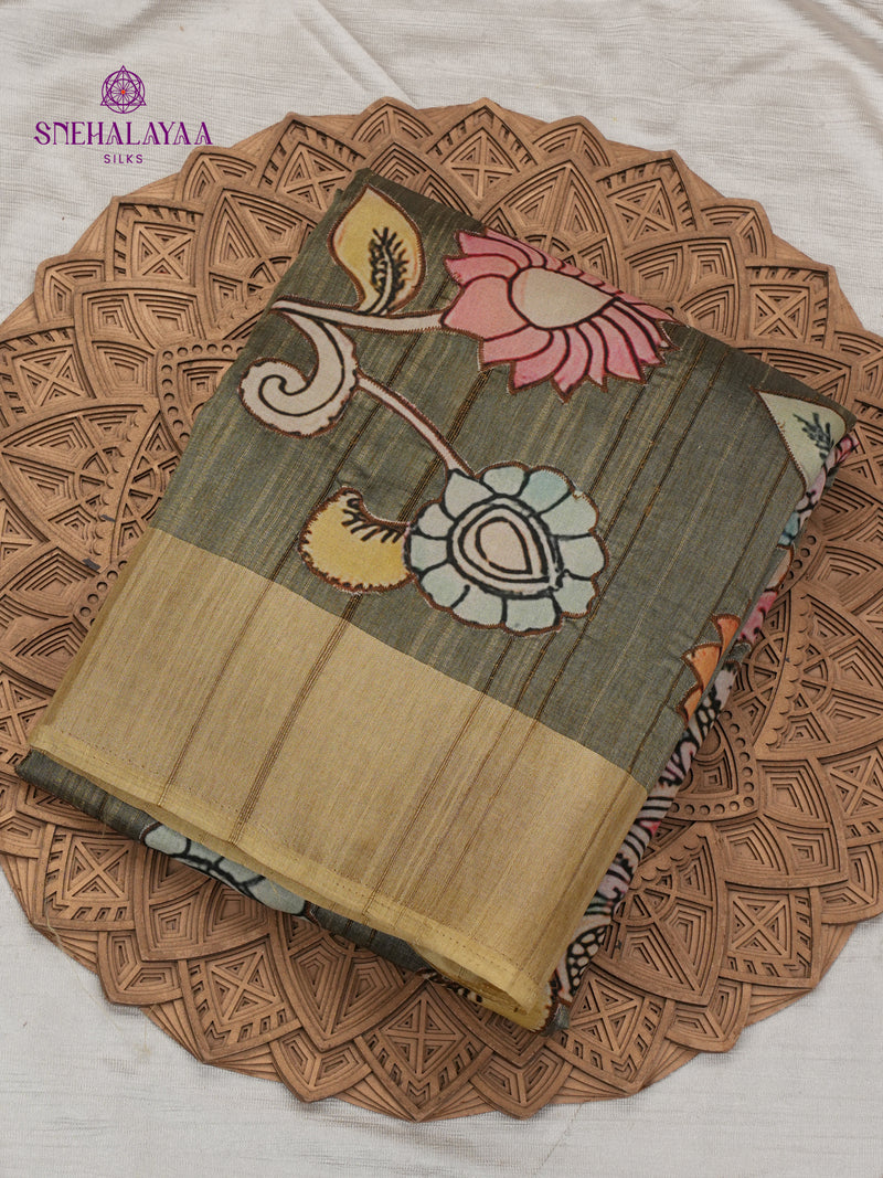 Olive Green Tussar Embroidery Saree