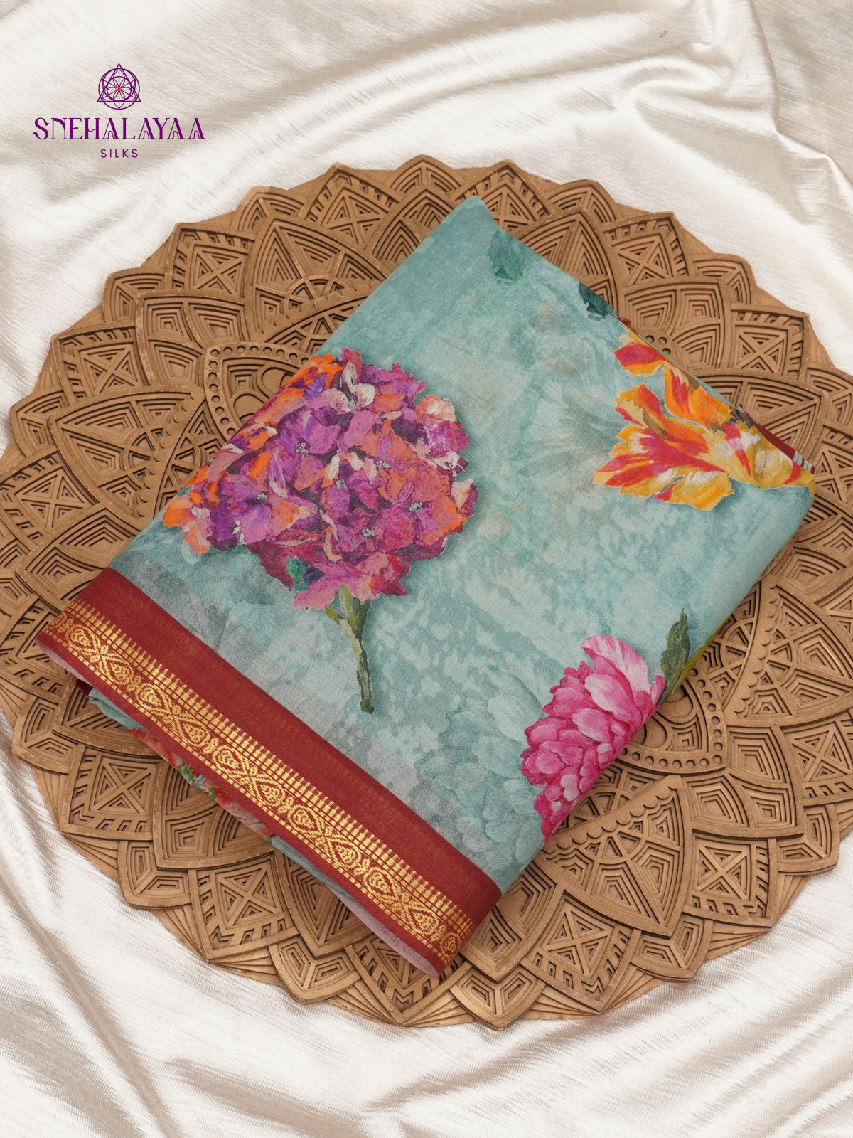 Teal Green Printed Linen Cotton Saree