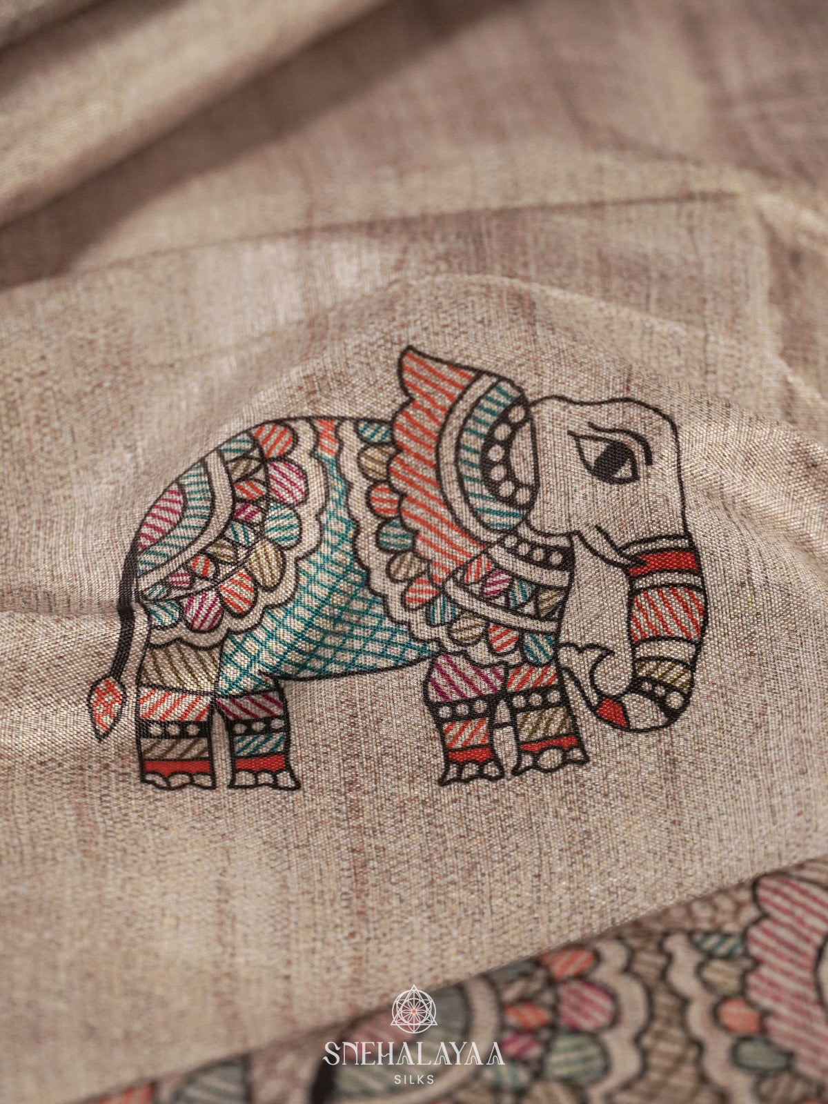 Beige Madhubani Printed Saree with Pink Border