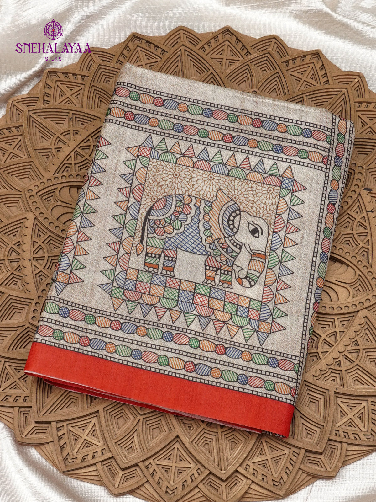 Beige With Red Border Madhubani Saree