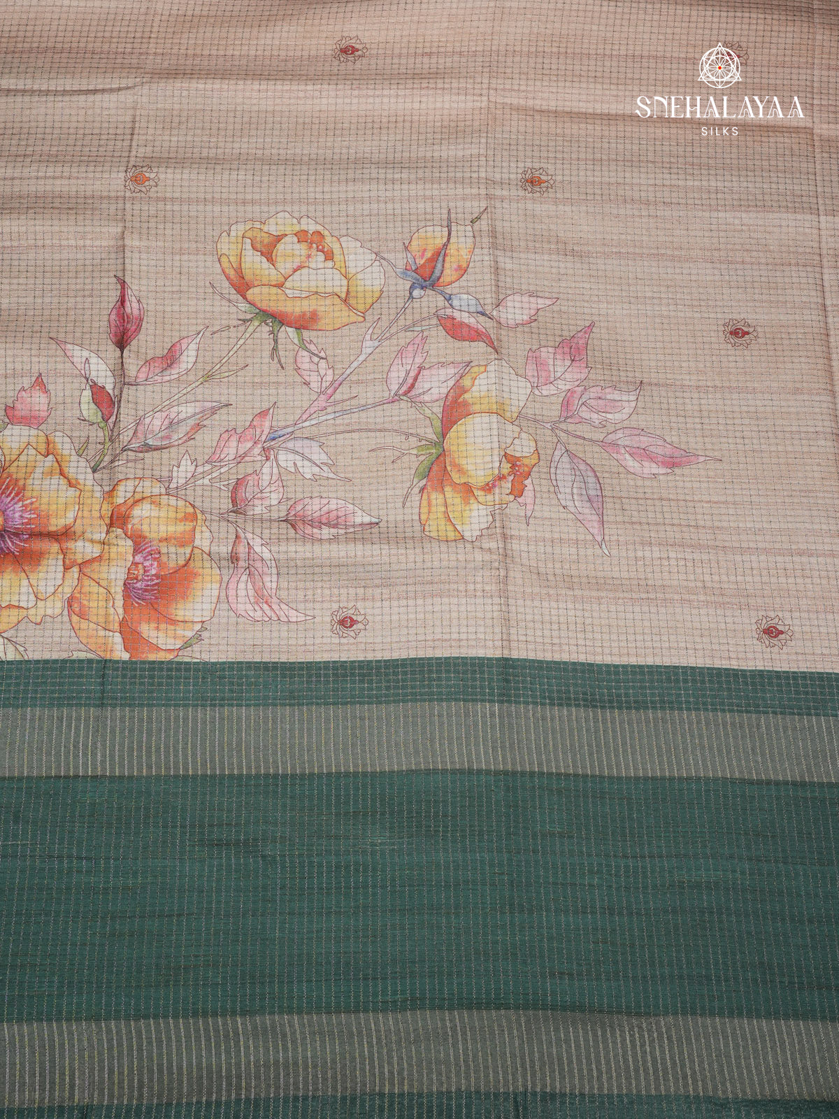 Beige Floral Printed Tussar Saree