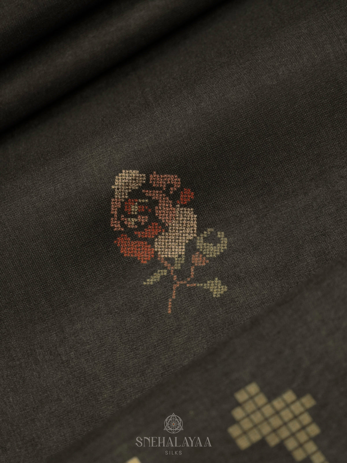 Forest Green Floral Printed Tussar Saree