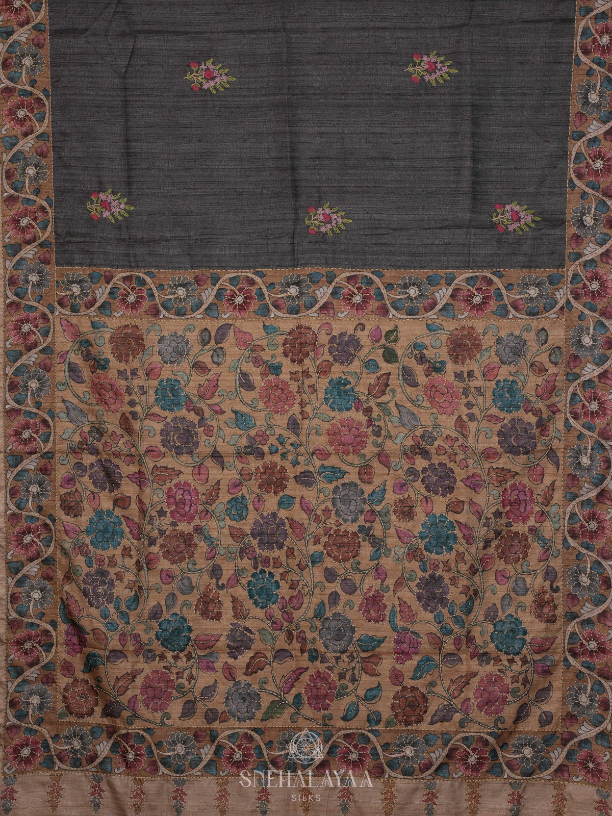 Grey Tussar Embroidery Saree
