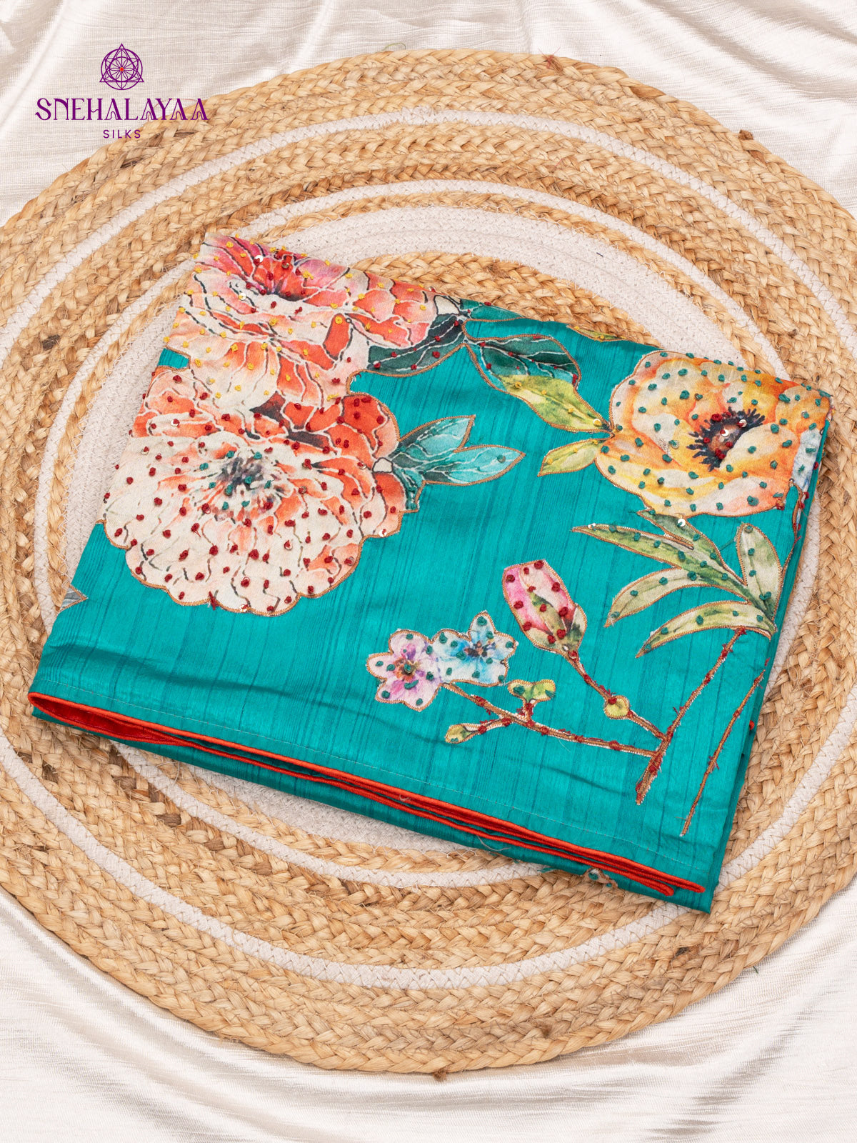 Teal Green Raw Silk Embroidery Saree