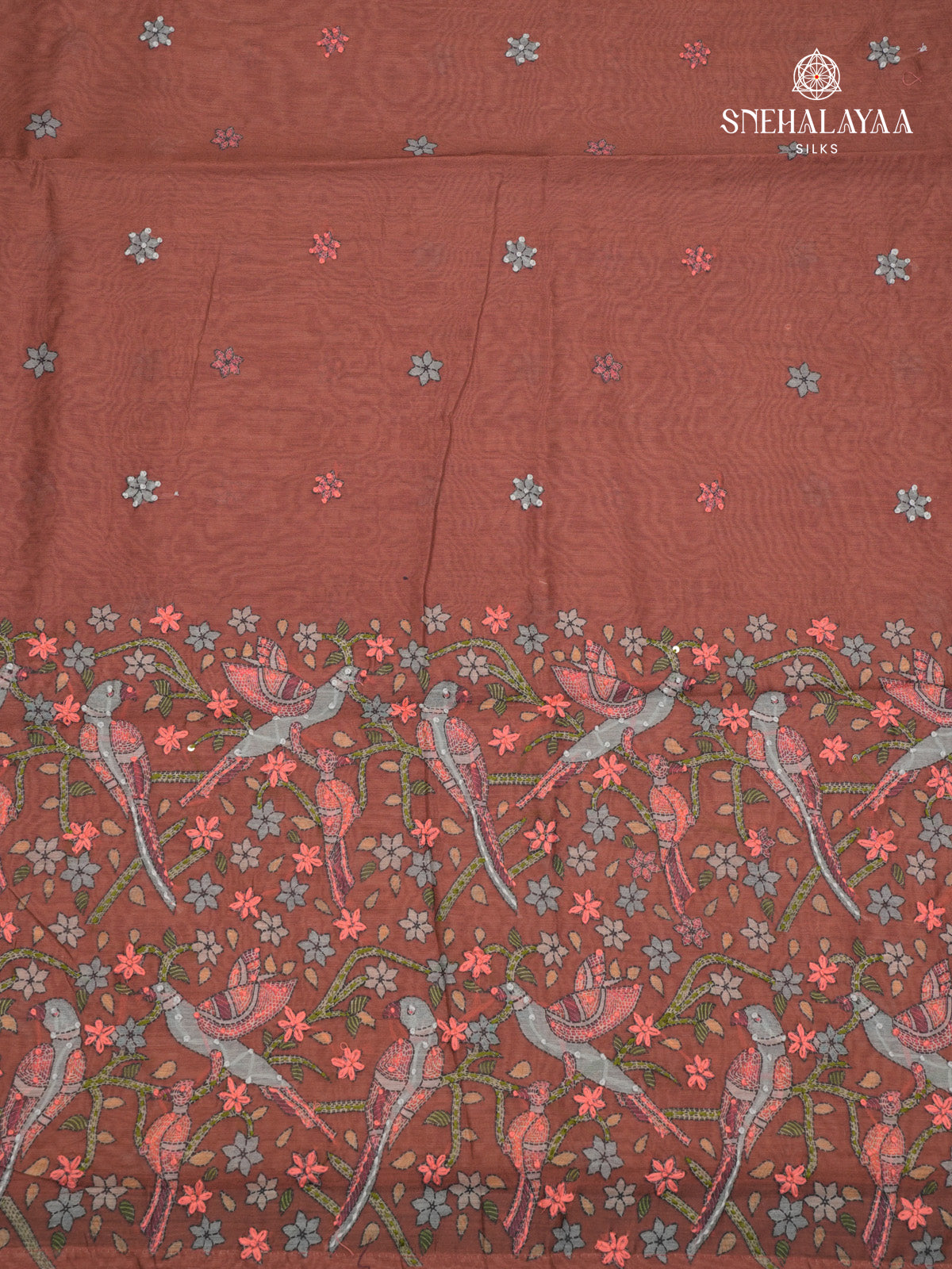 Brown Linen Embroidery Saree