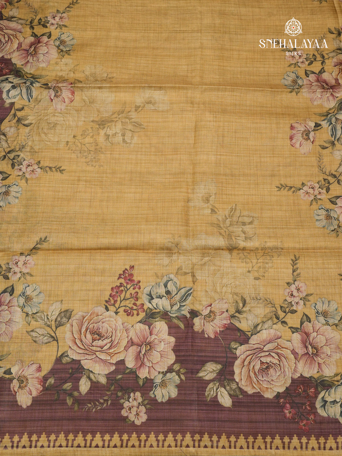 Mustard With Wine Red border Printed Kota Saree