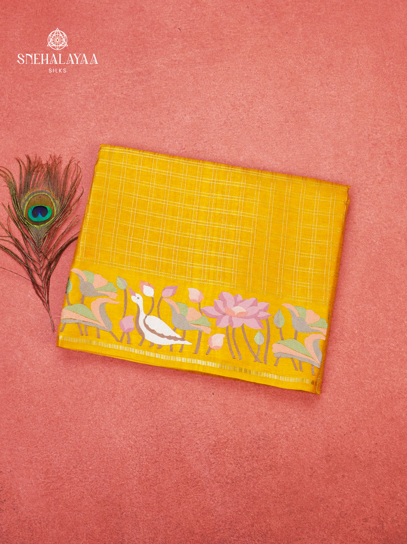 Mango Yellow Munga Tussar Embroidery Saree