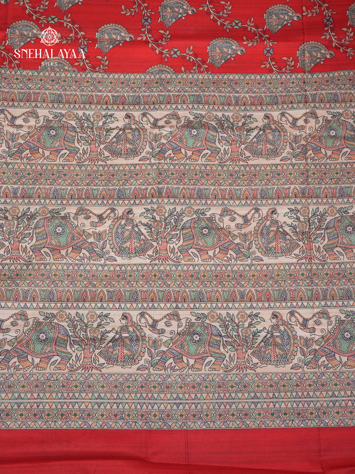 Red Madhubani Printed Saree