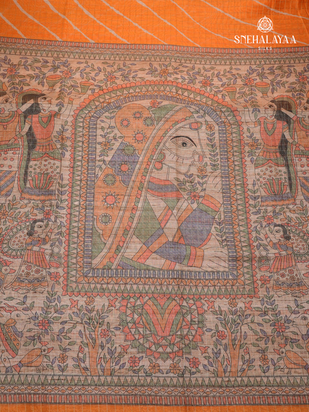 Tangerine Orange Madhubani Printed Saree