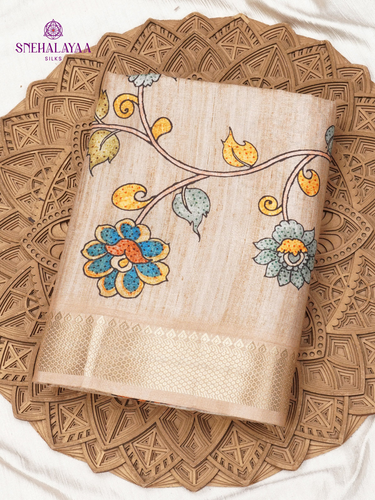 Beige Floral Printed Tussar Saree