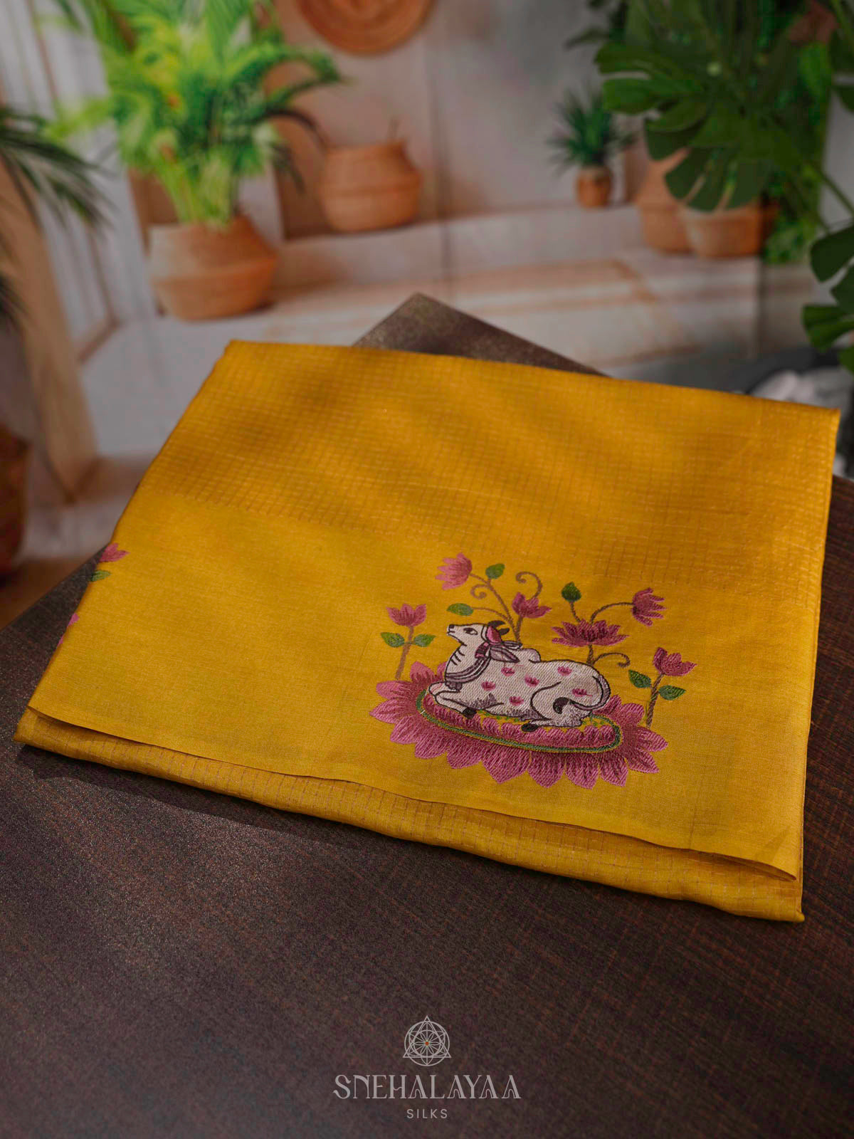 Mango Yellow Tussar Embroidery Saree