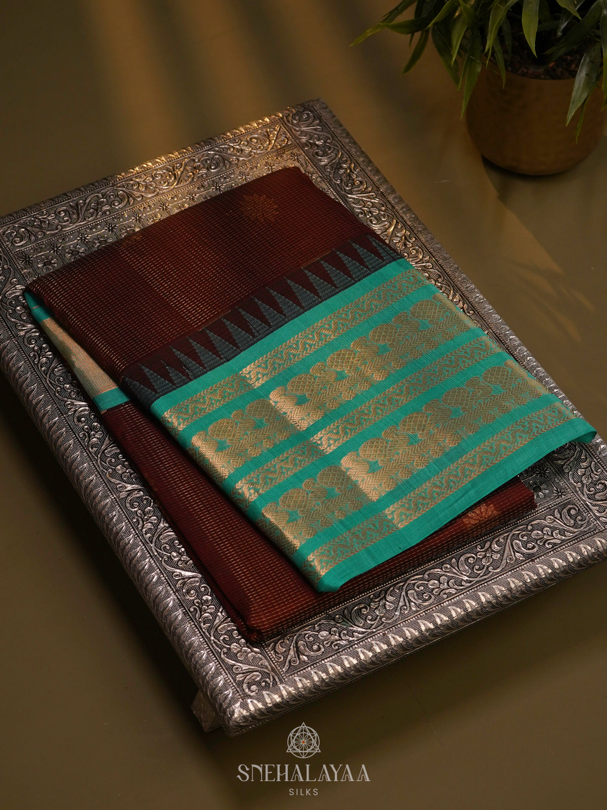 Maroon Kuppadam Silk Cotton Saree with Sky Blue Border