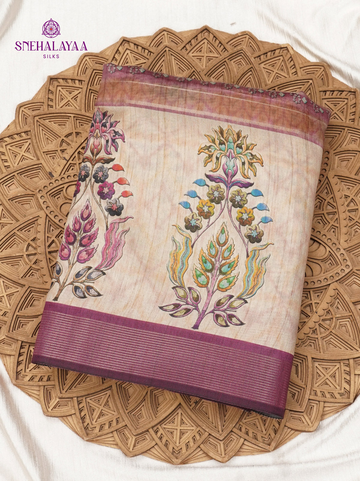 Purple Floral Printed Tussar Saree