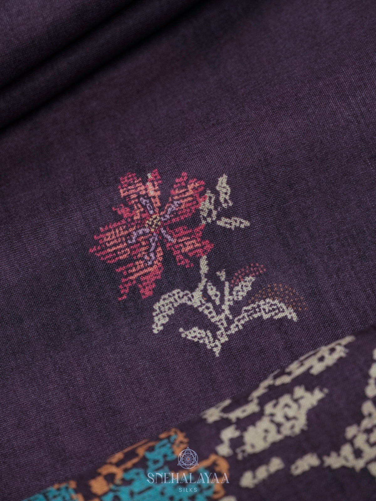 Purple Floral Printed Tussar Saree