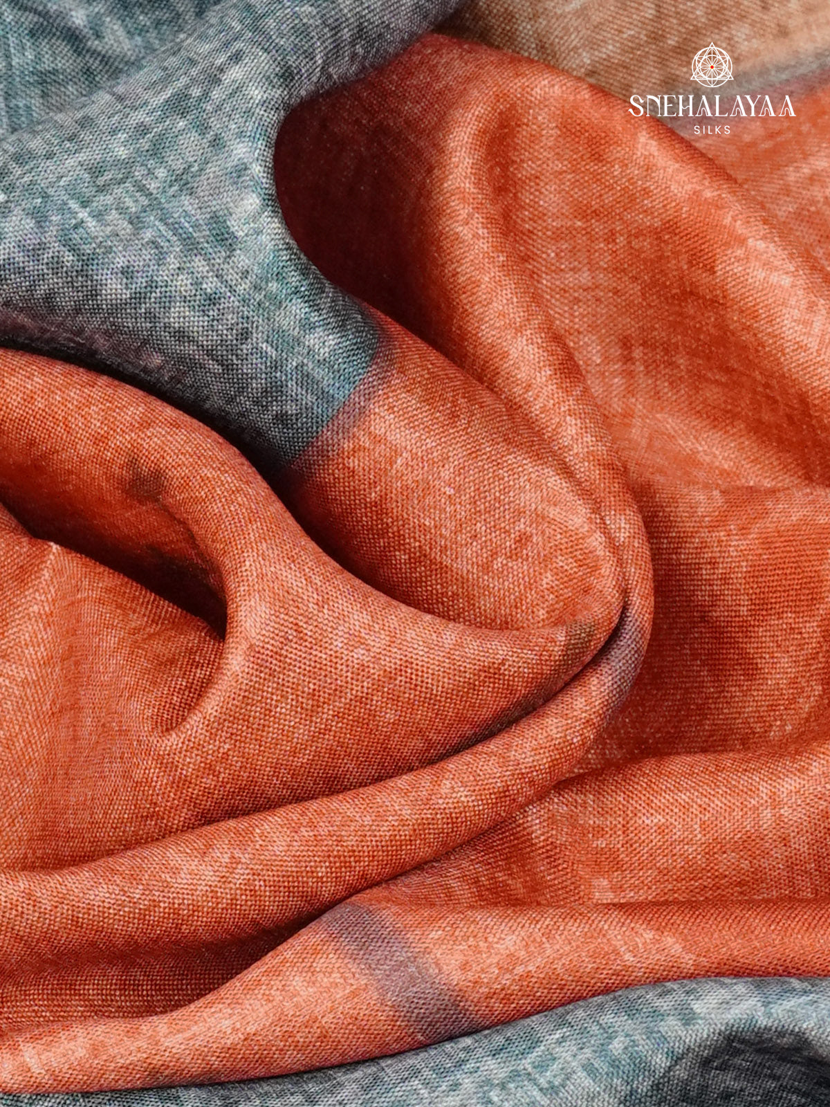 Rust Orange Floral Printed Tussar Saree