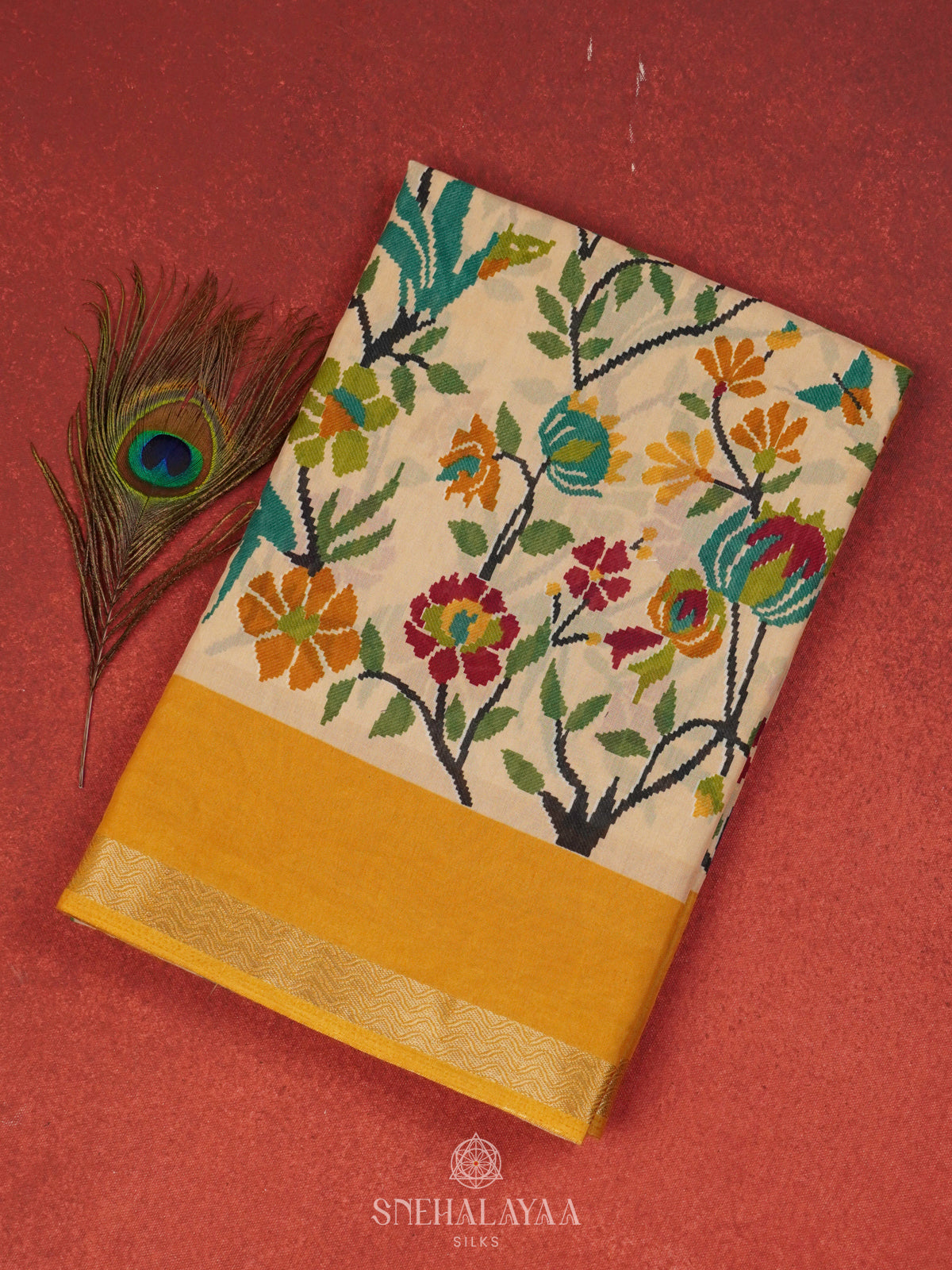 Cream Dola Silk Saree with mustard Yellow Border