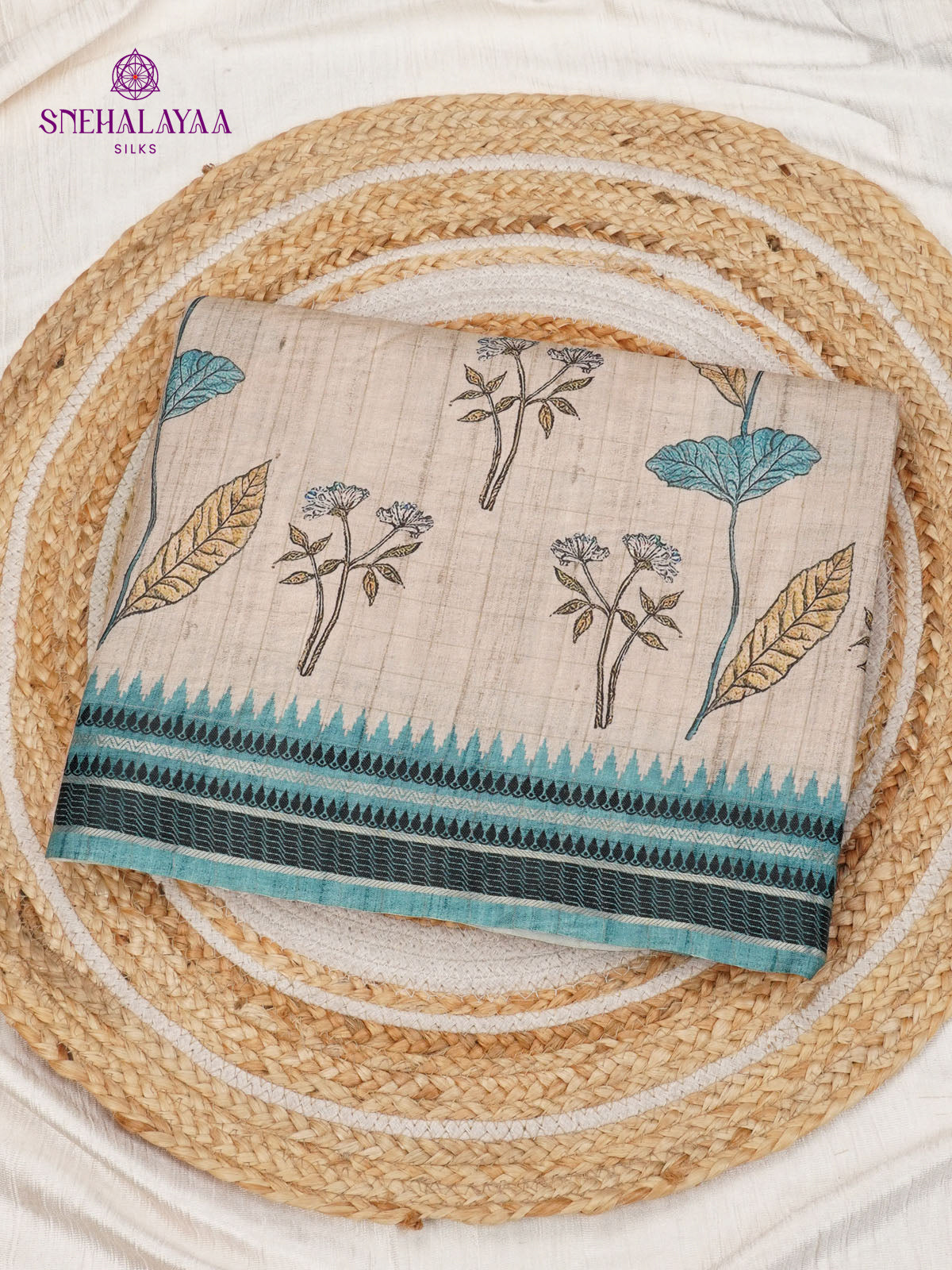 Beige With Blue Border Floral Printed Tussar Saree