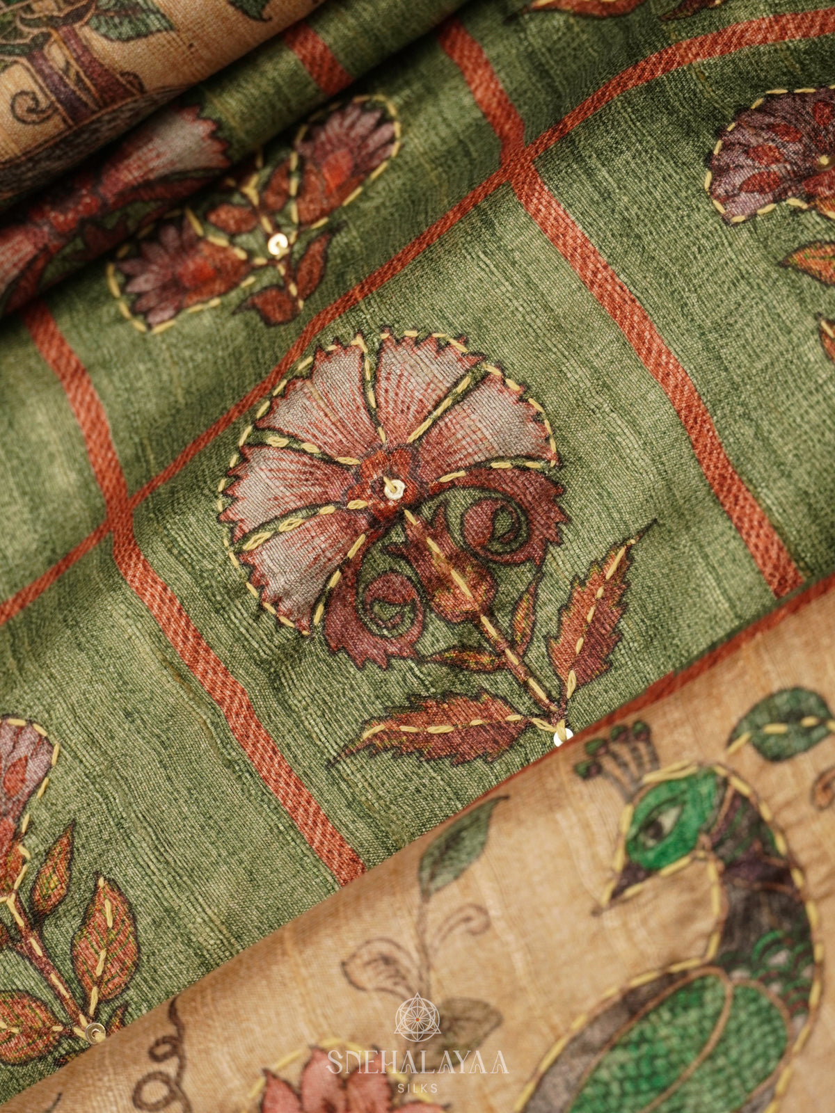 Green Tussar Embroidery Saree