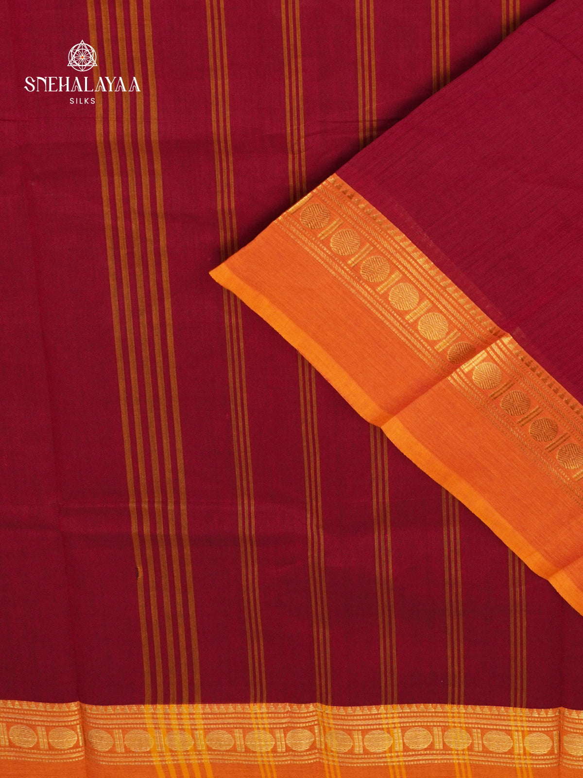 Deep Maroon Kanchi Cotton Saree with Classic Gold Zari Border
