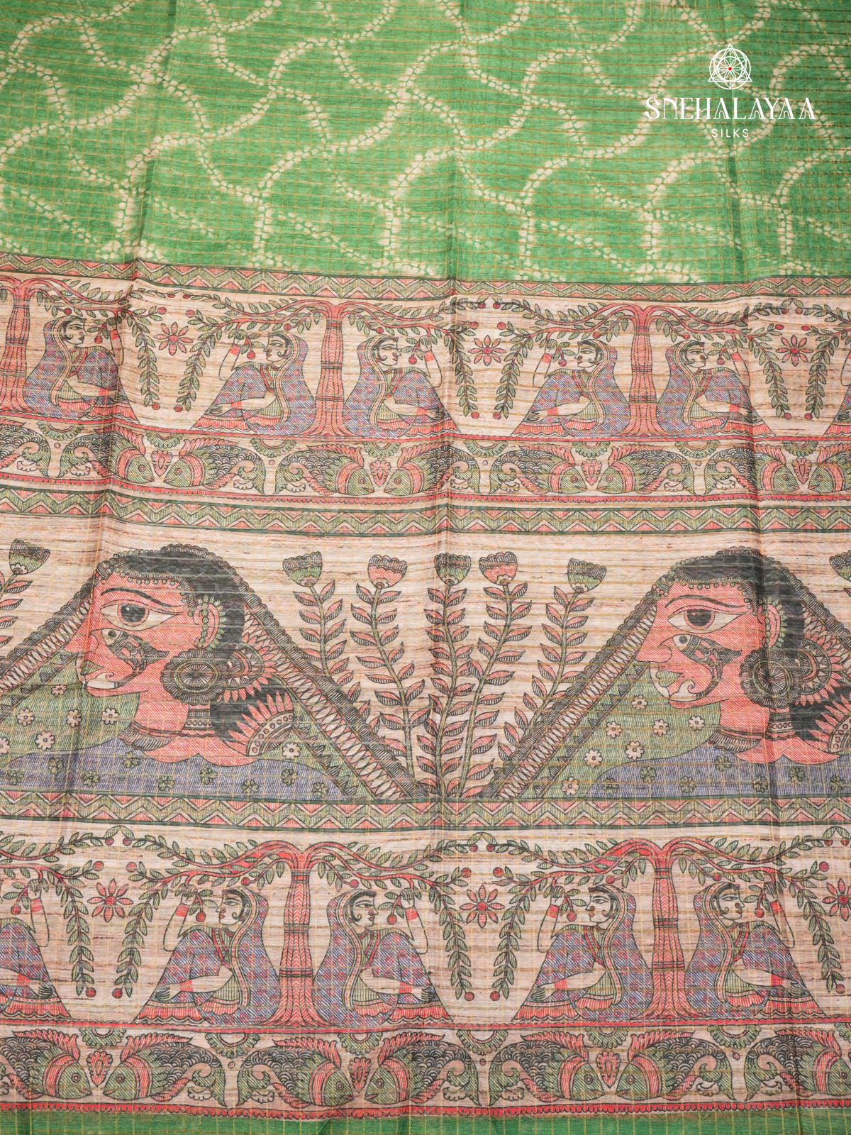 Leaf Green Madhubani Printed Saree