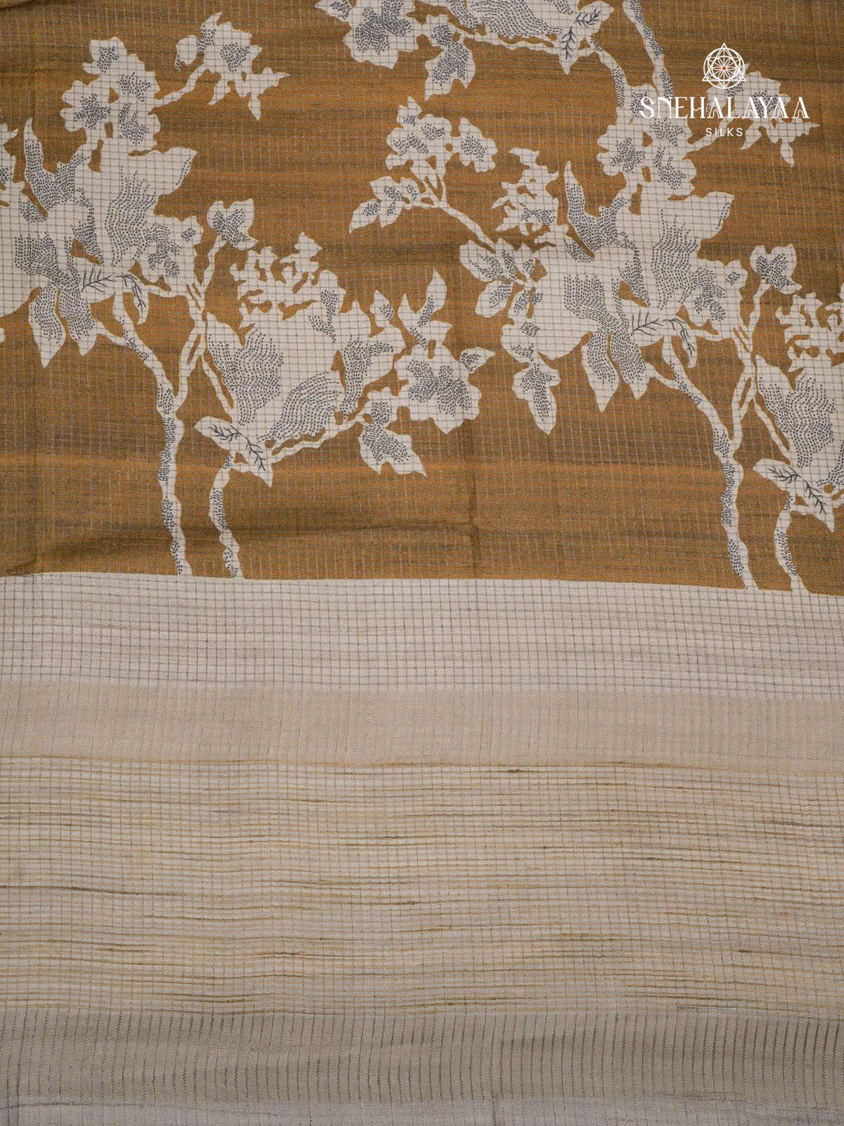 Brown Floral Printed Tussar Saree