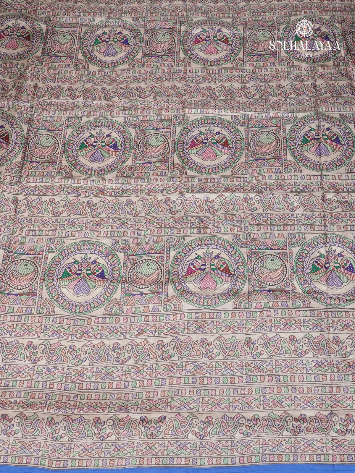 Beige With Navy Blue Border Madhubani Saree