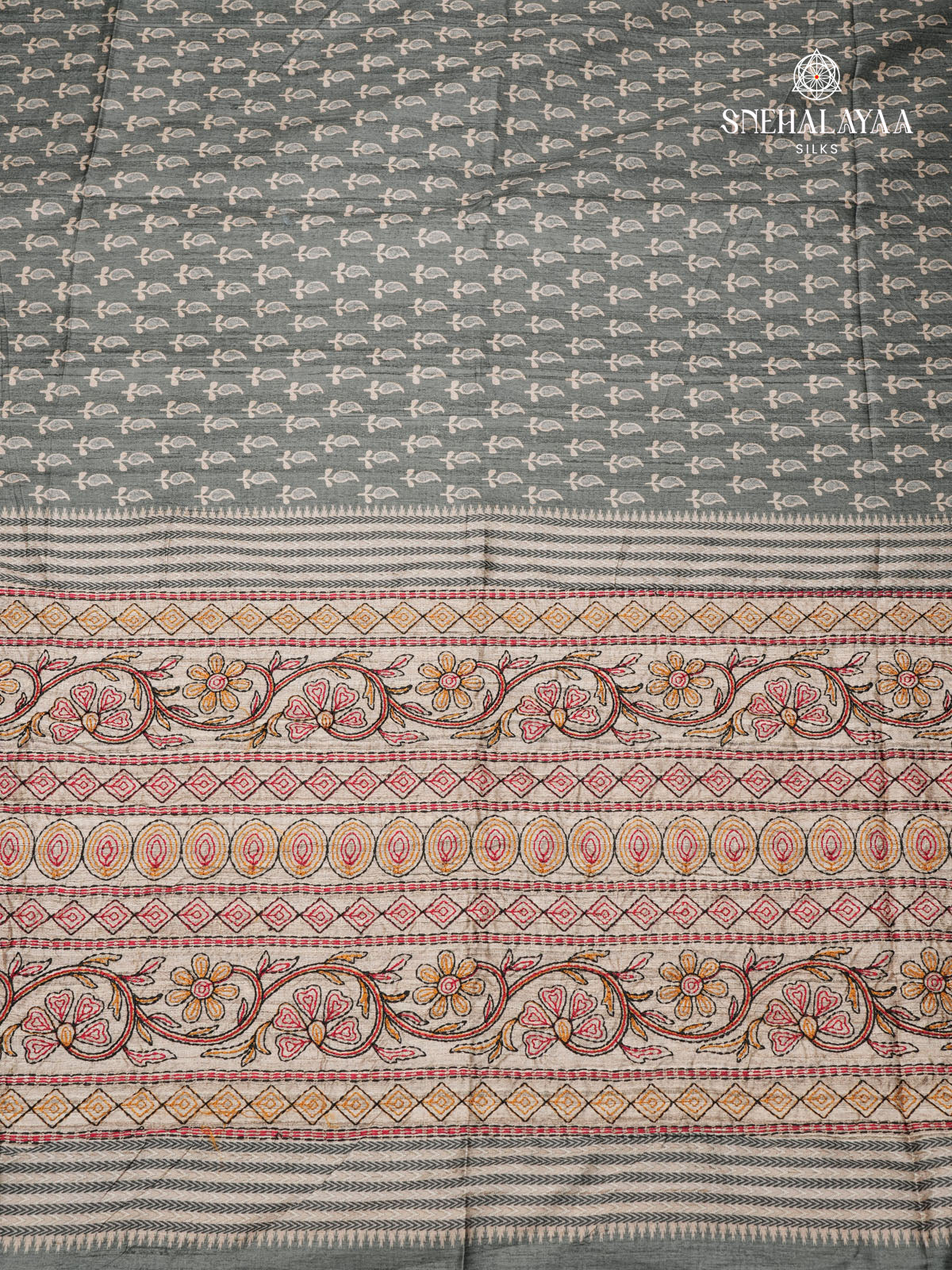 Grey Tussar Embroidery Saree