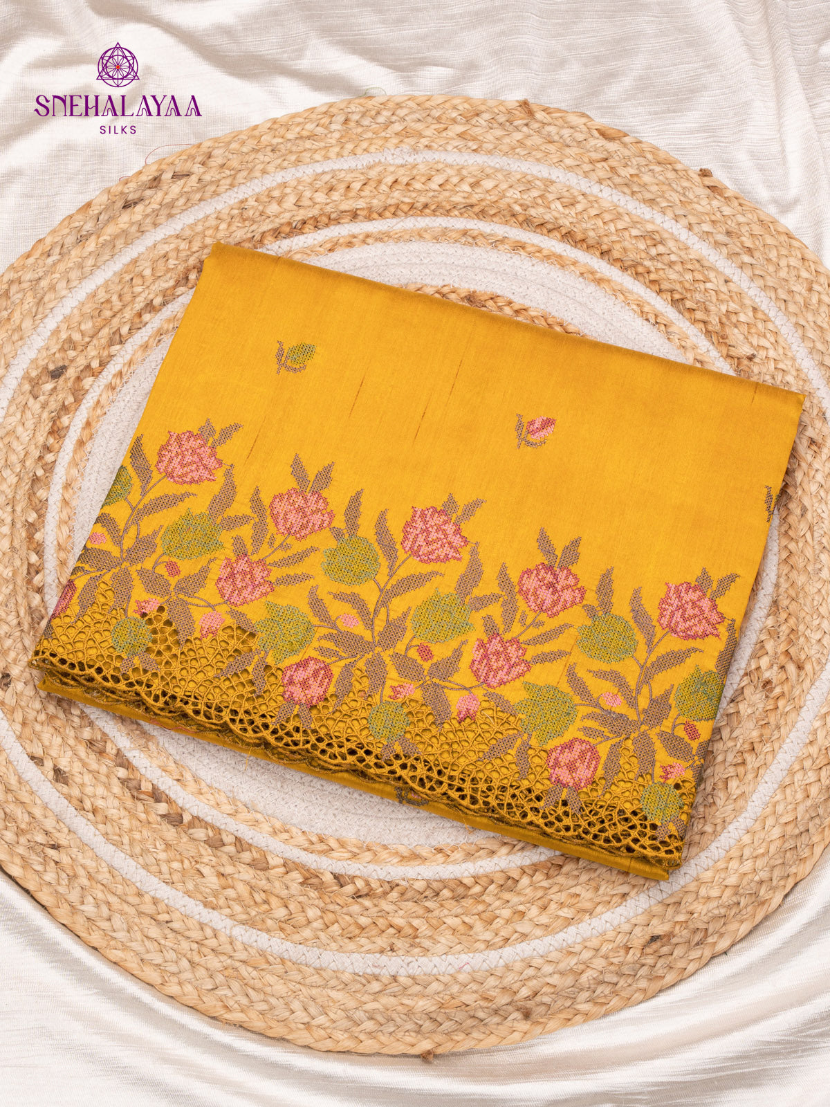 Yellow Raw Silk Embroidery Saree