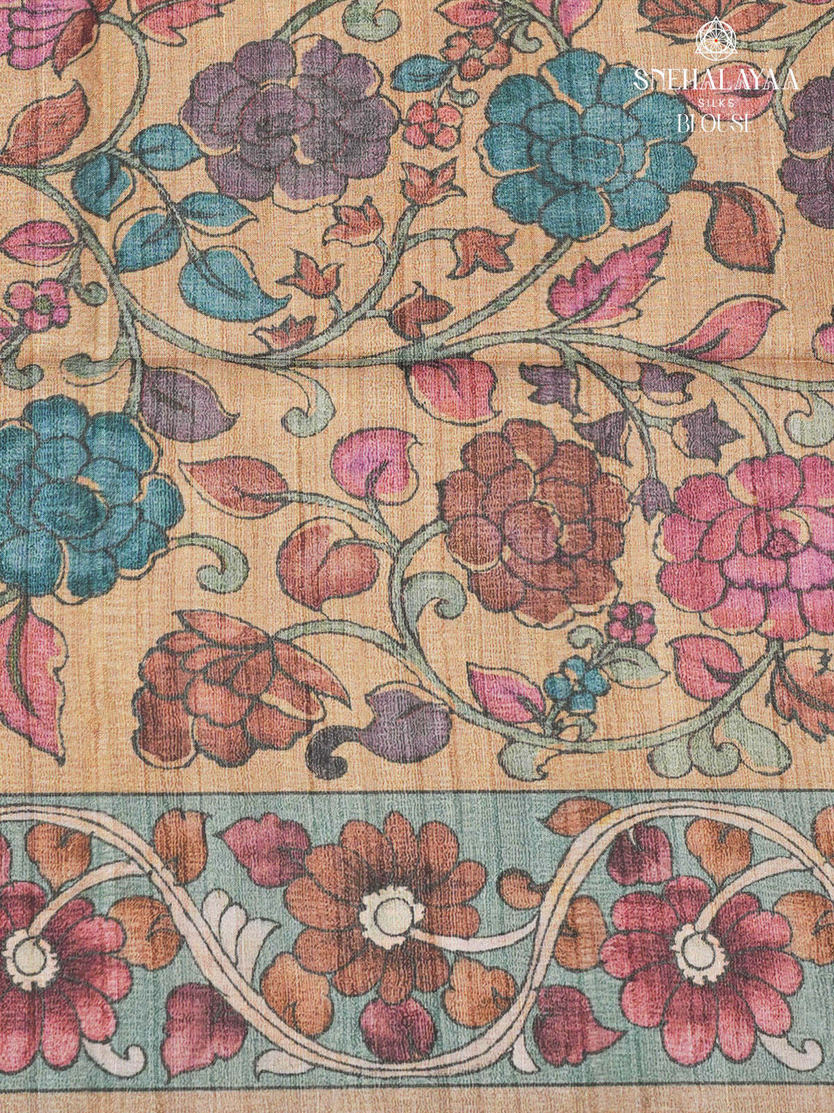 Purple Floral Printed Tussar Saree