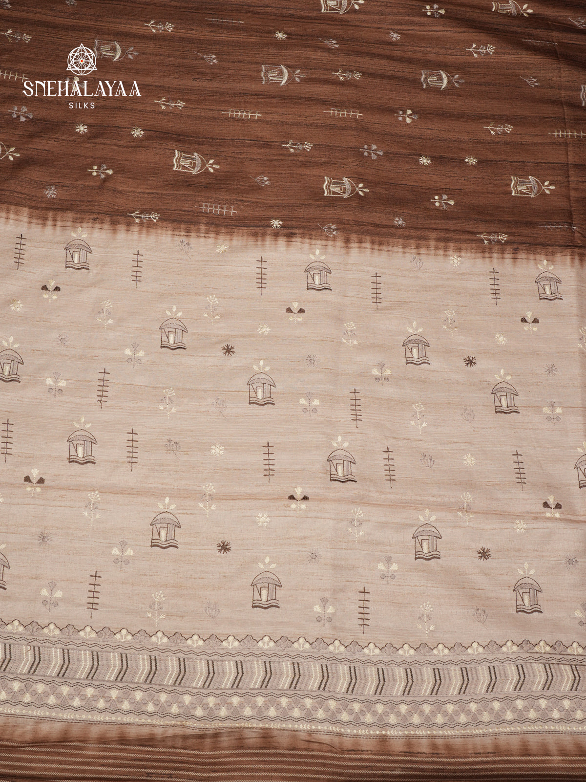 Brown Tussar Embroidery Saree