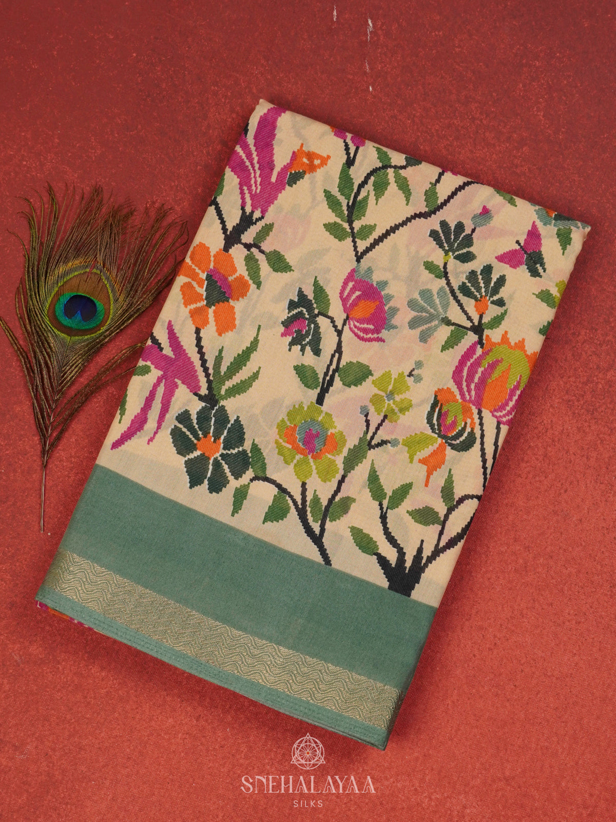 Cream Dola Silk Saree with Grey Border