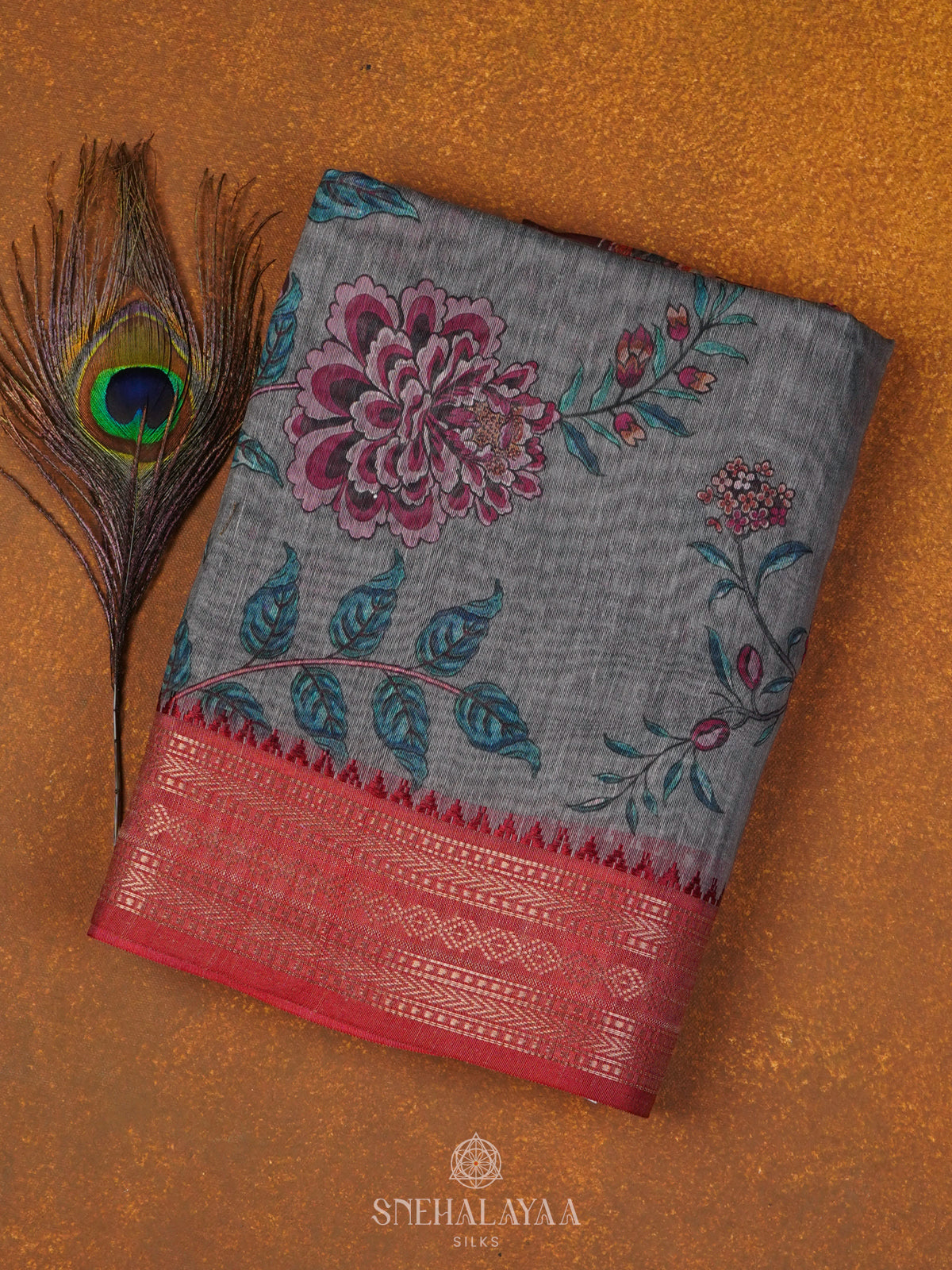 Grey Printed Linen Saree