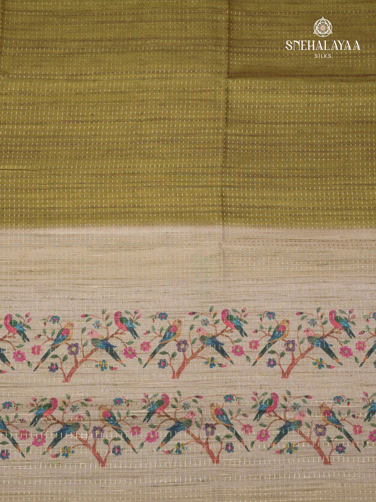Olive Green Printed Tussar Saree