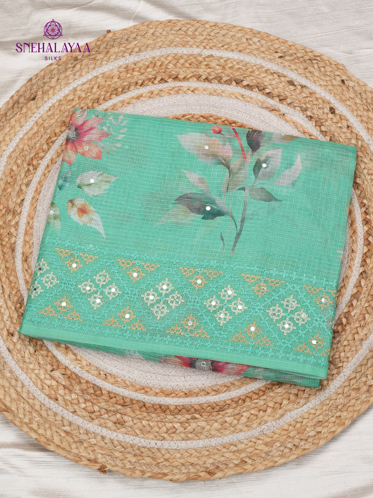 Seafoam Green Kota Embroidery Saree