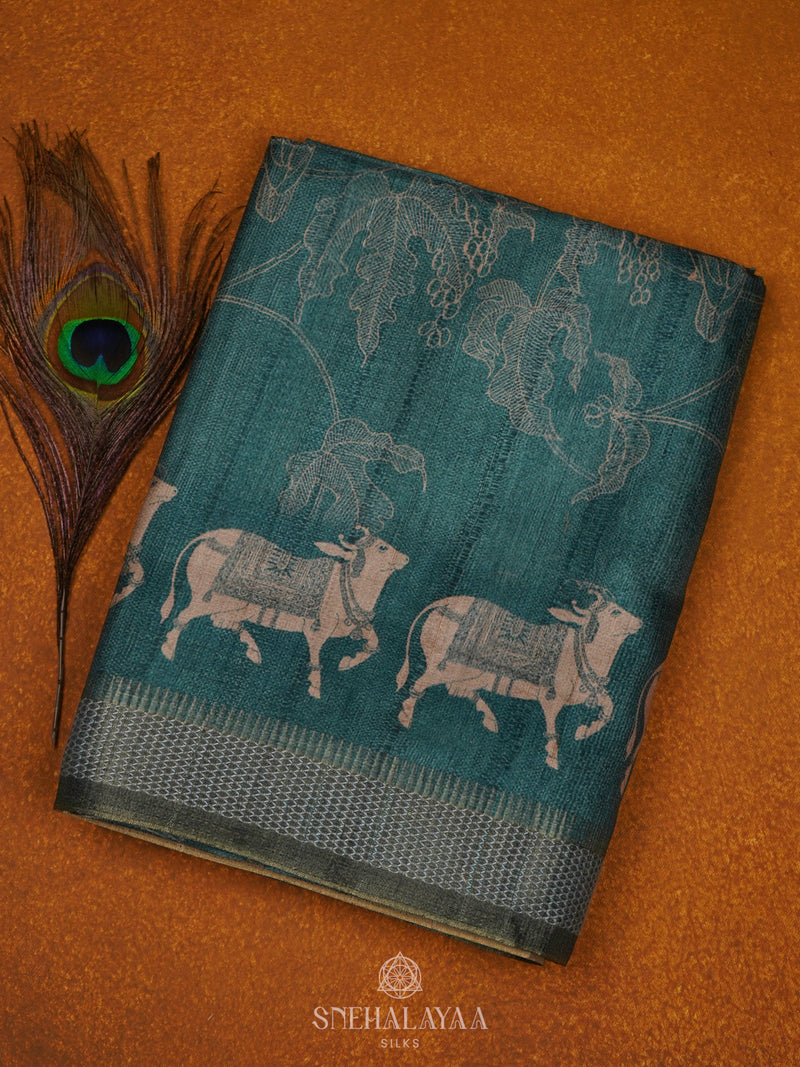 Peacock Blue Tussar Saree